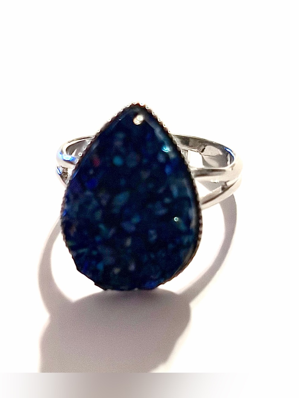 Iridescent Dark Blue Druzy Teardrop Adjustable Ring